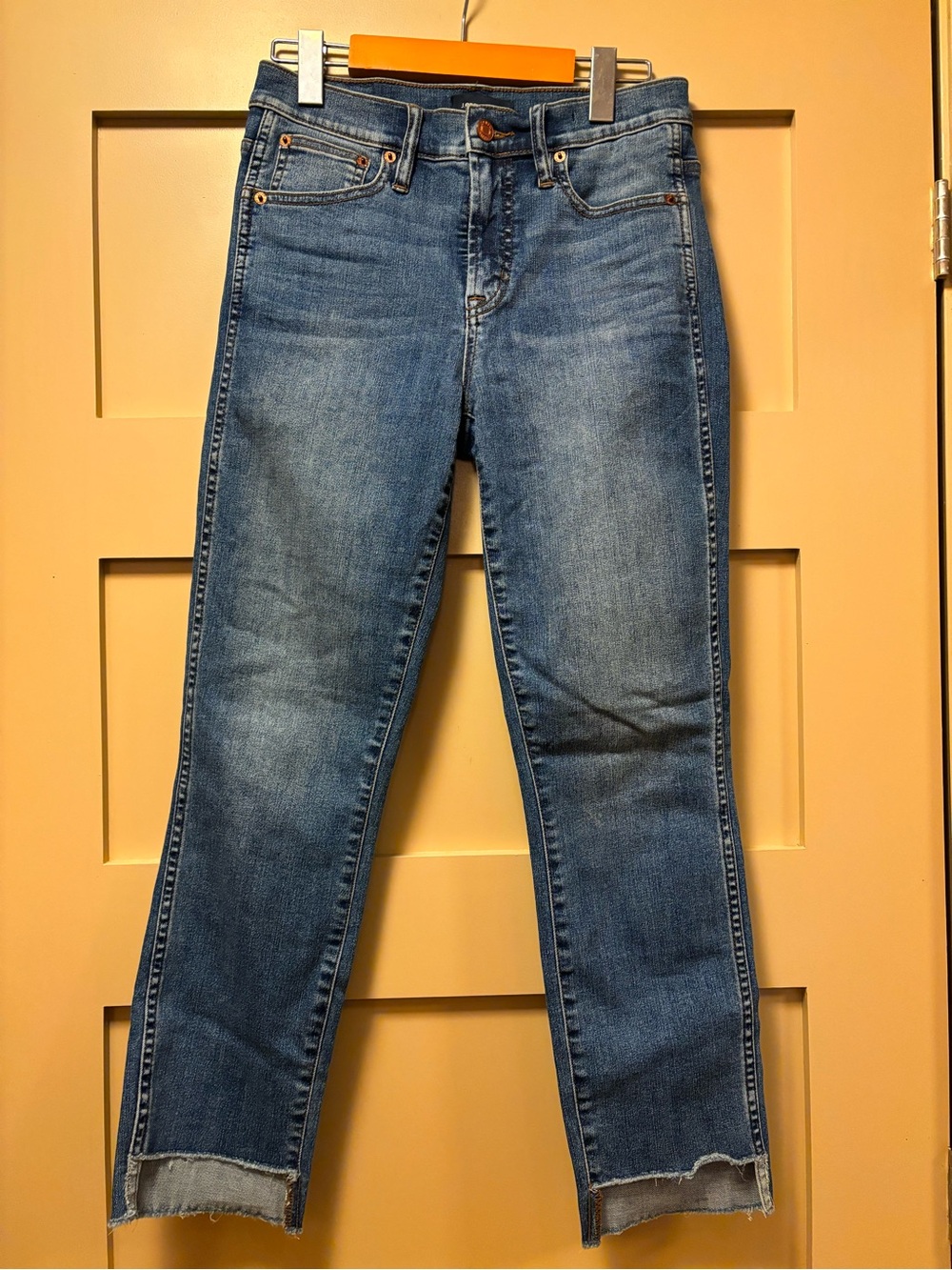 J. Crew Stretch Denim Straight Crop Jean Asymmetric Raw Hem Medium Wash Mid Rise